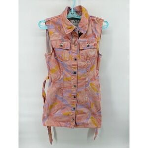 ZARA Sleeveless Denim Dress Coral Pink Purple Leaf Print Belted Mini Dress Sz S